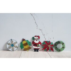 Stained Glass Christmas Ornaments Set 5 Santa Wreath Bell RL Heritage Style